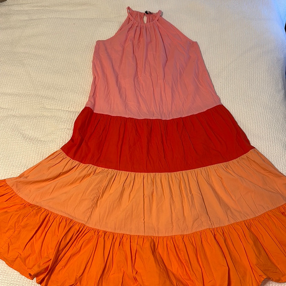 Pink colors of sunset beach tiered midi dress